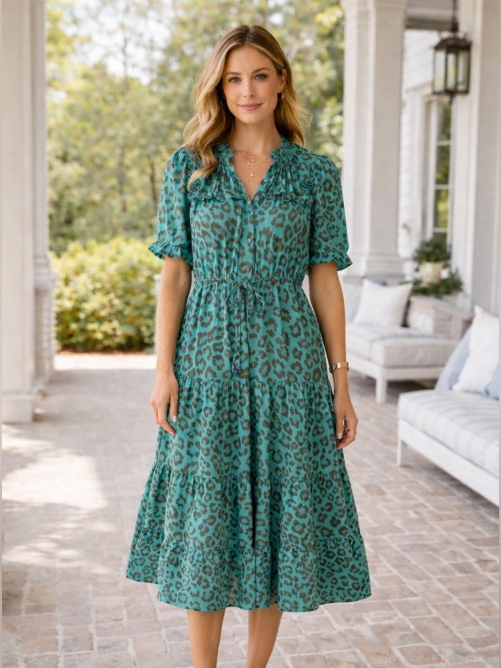 Lola Australia Pacific Animal Print Midi Dress Turquoise Cotton S